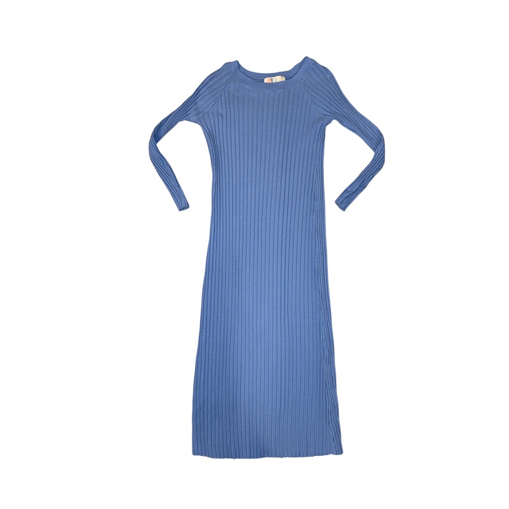FP Beach walk about Midi Dress Womens Size Large Blue Ribbed Long Sleeve Cotton